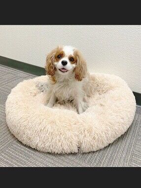 Calming Donut Plush Cream Faux Fur Pet Bed Dog Cat